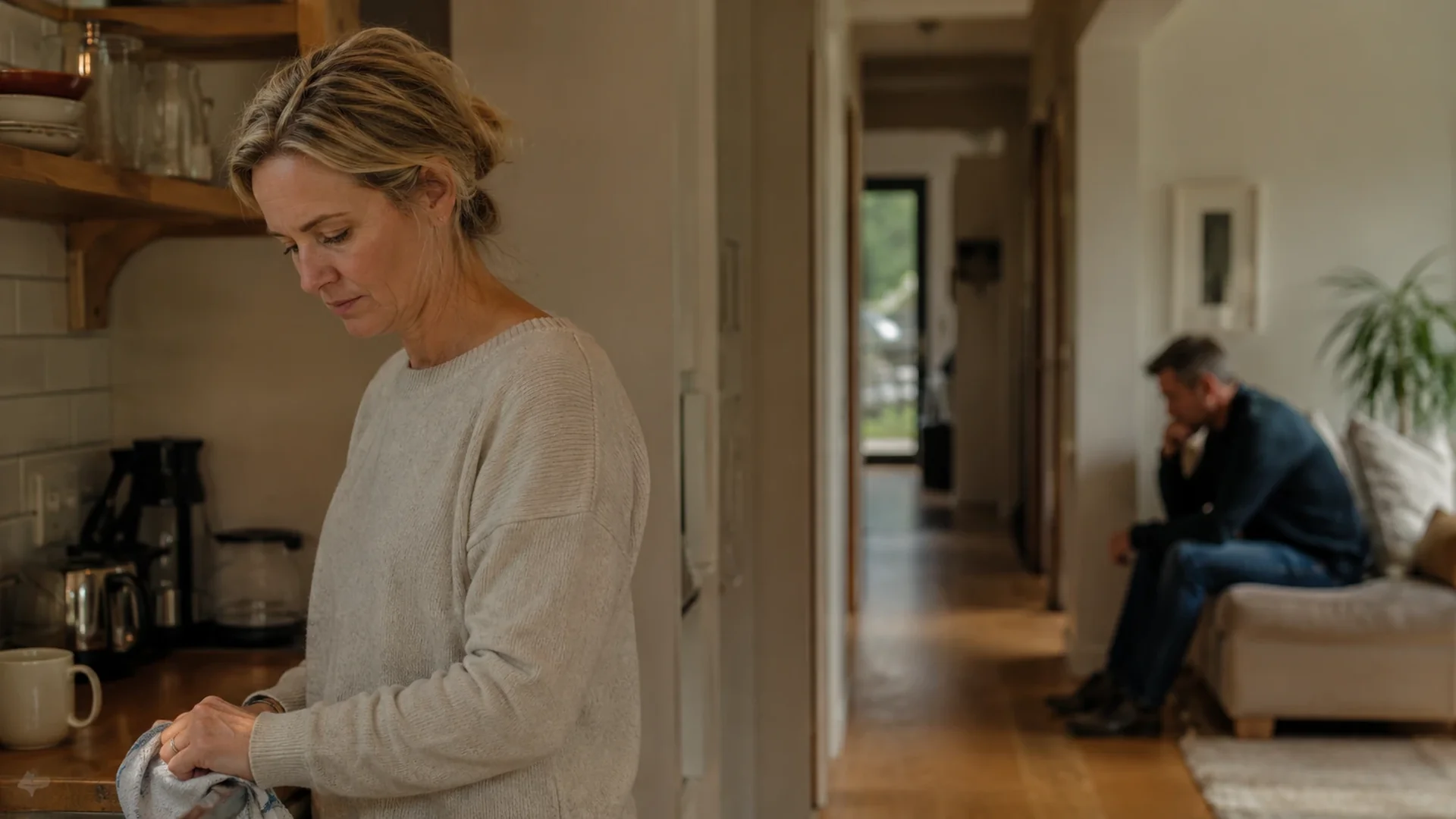 Couple in separate rooms, unresolved tension between them