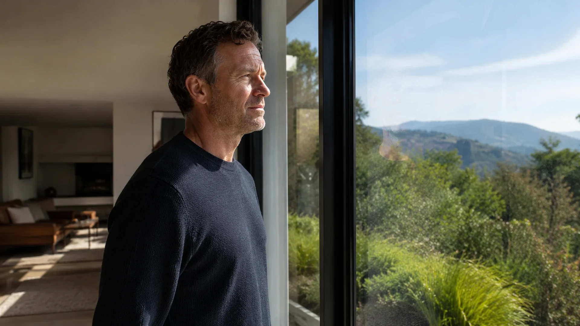 Man standing at a window, looking out, clarity forming