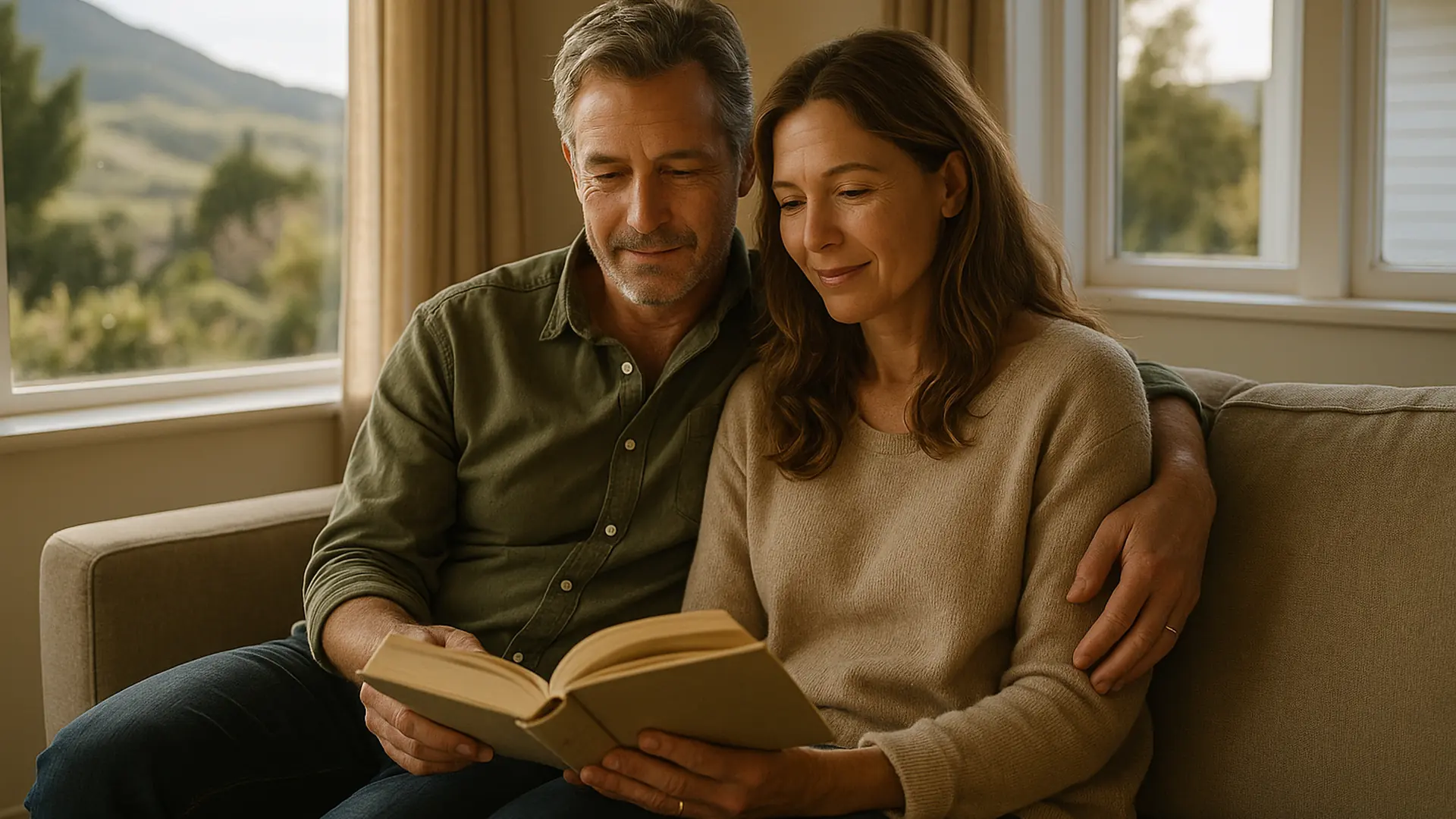 A couple reading together on a couch