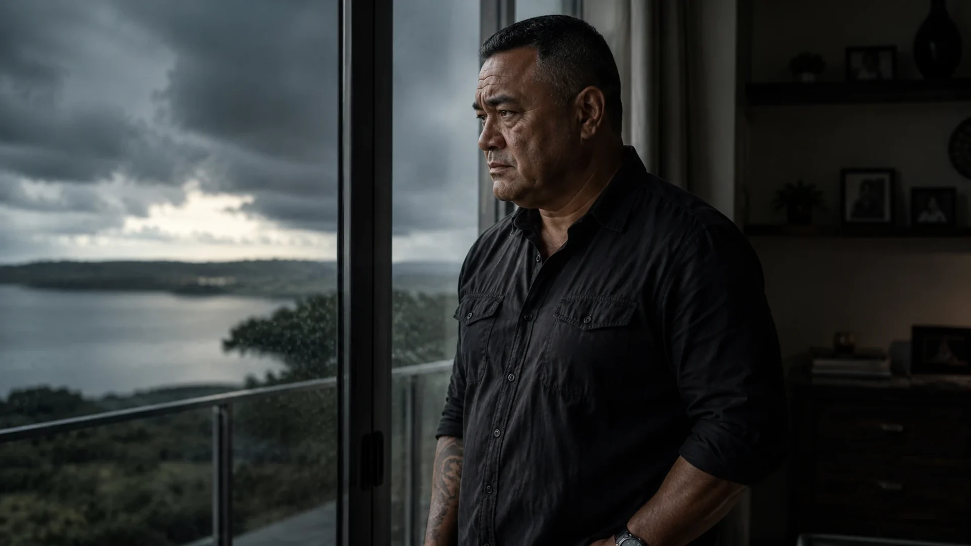 A man standing at the edge of a decision in stormy light