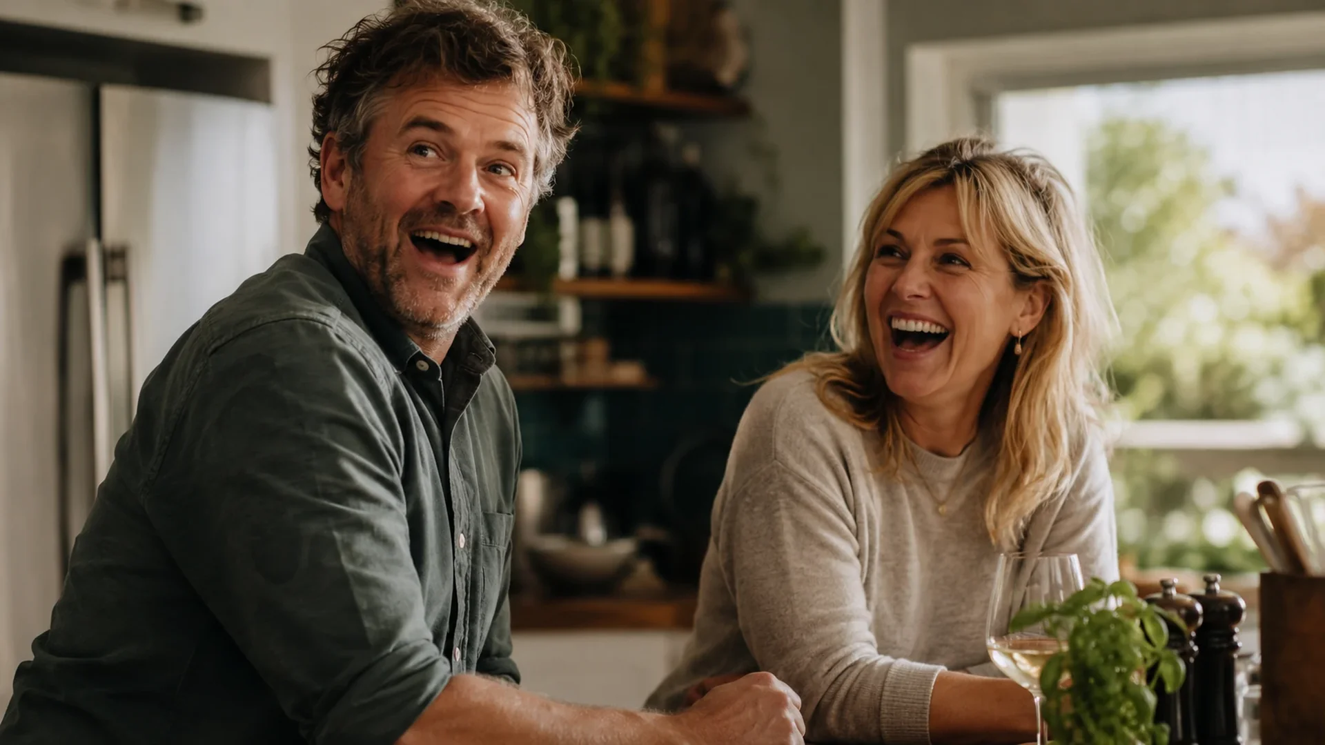 Couple laughing together in a kitchen, something easy between them