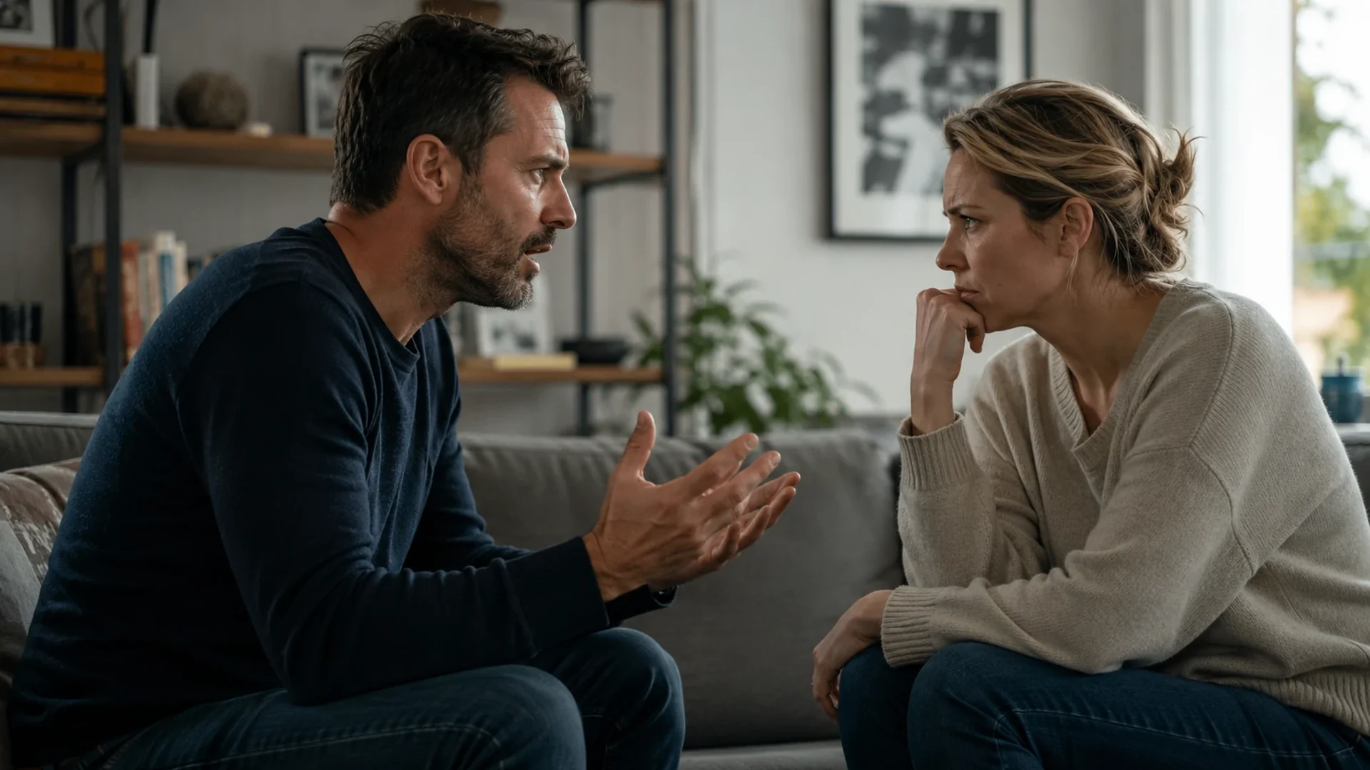 Two people facing each other for a serious conversation