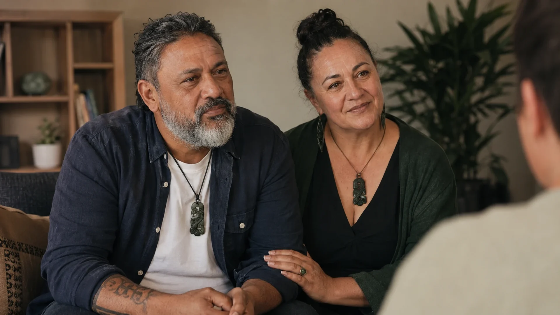 A Hastings couple sitting together in a warm counselling room