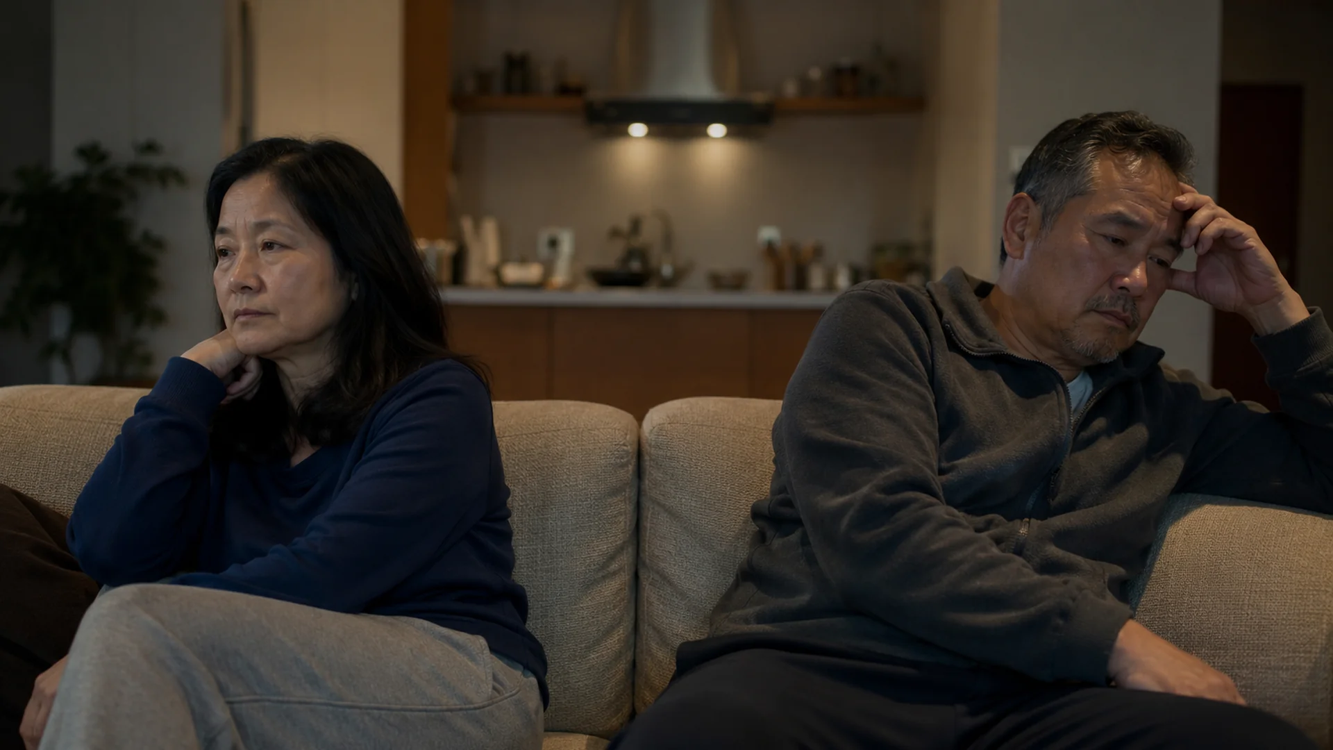 A husband and wife standing on opposite sides of their shop counter, both looking tense