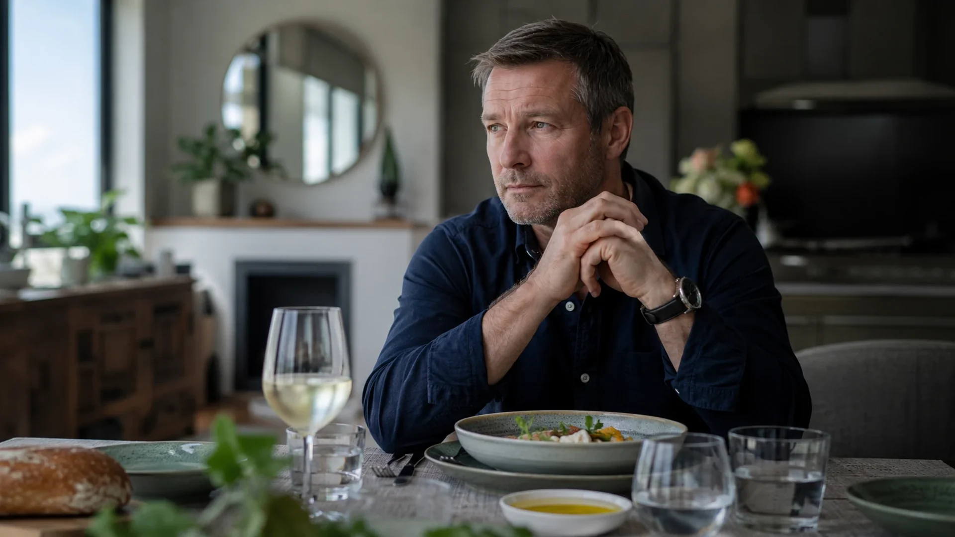 A man at a well-set table, present in body but distant in expression