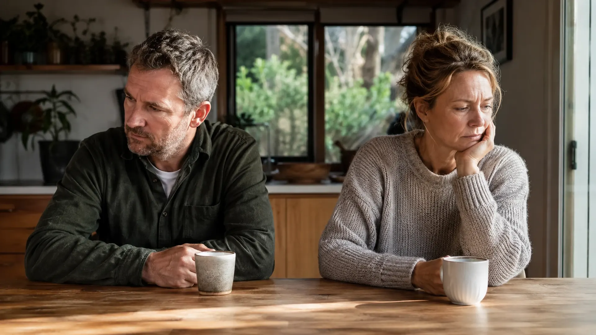 Couple at a kitchen table, distance visible between them
