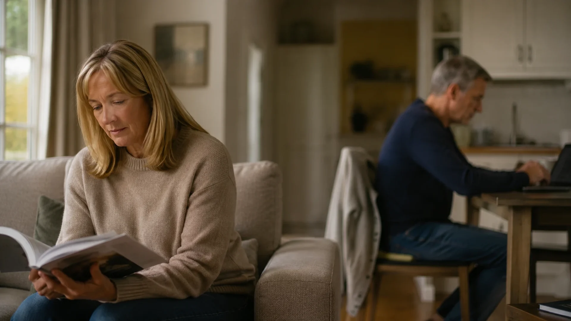 A couple passing in a kitchen, busy and disconnected