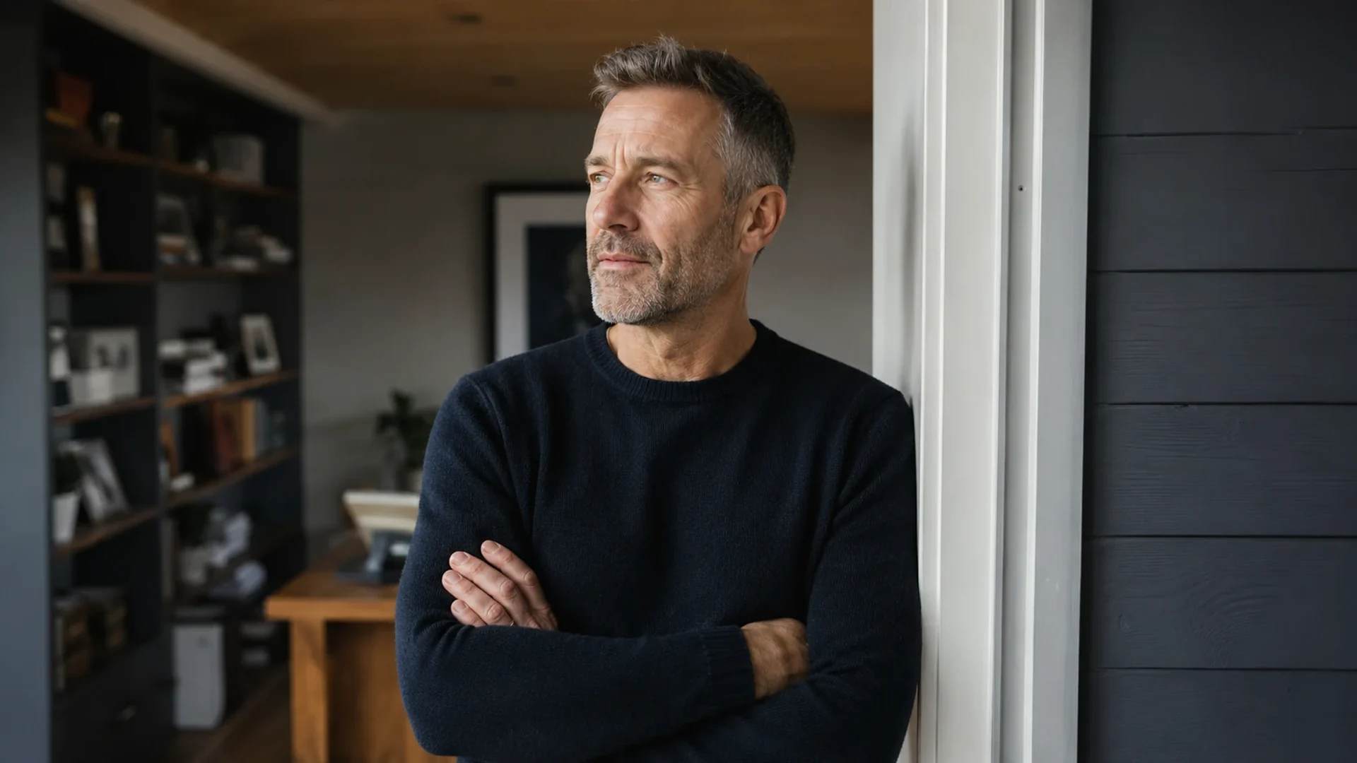 A man of fifty standing at a threshold, considering what comes next