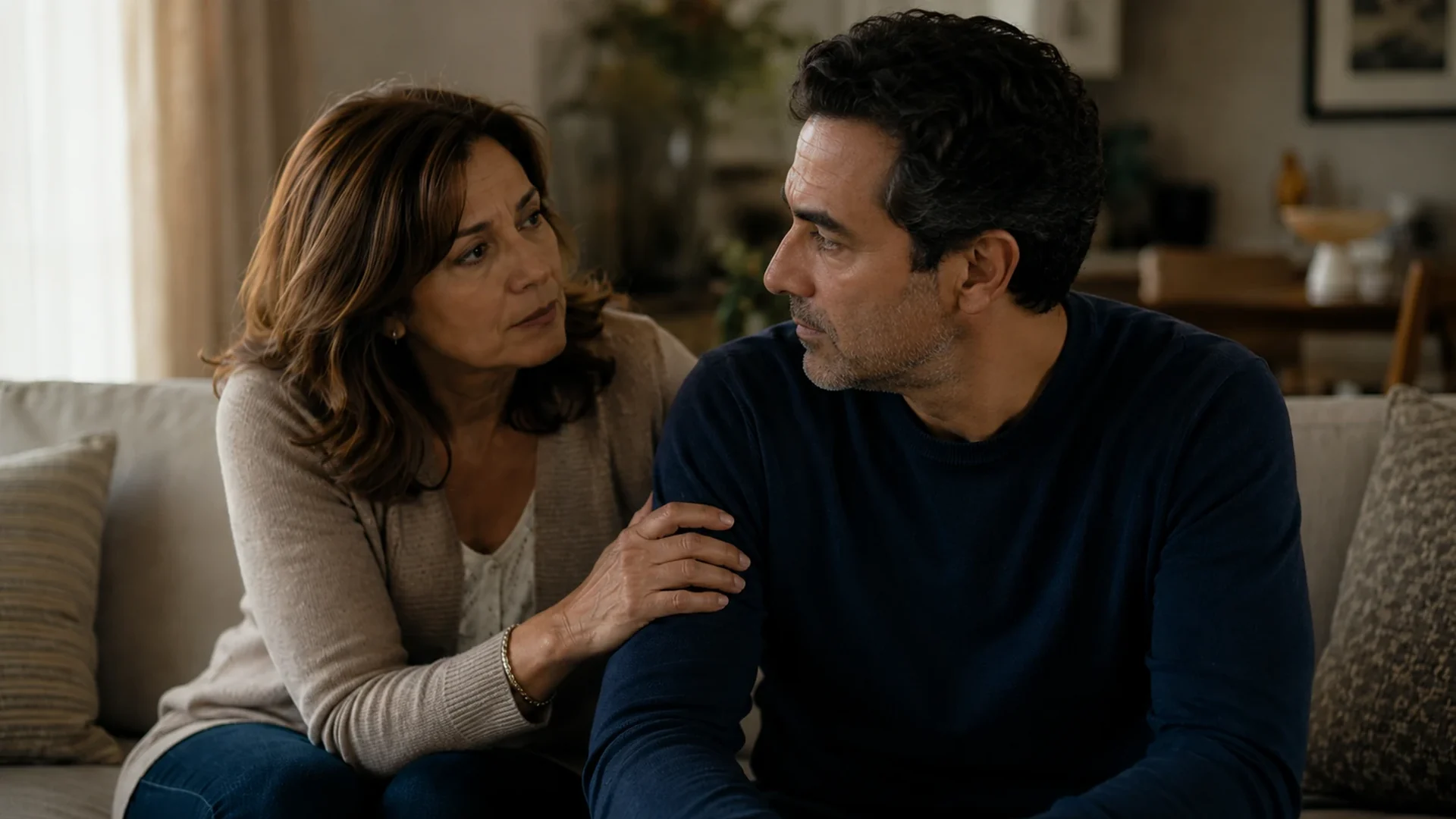 Two people sitting together, one slowly turning back toward the other