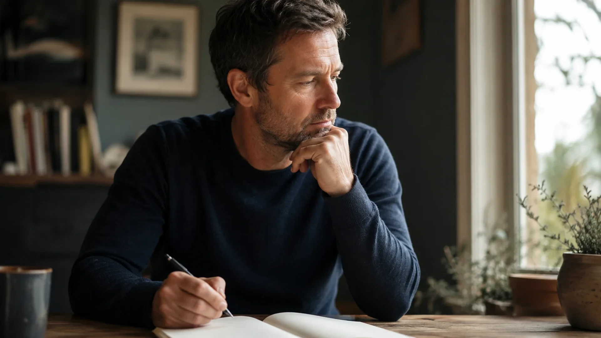 Man at a desk, pen in hand, looking thoughtfully at a blank page