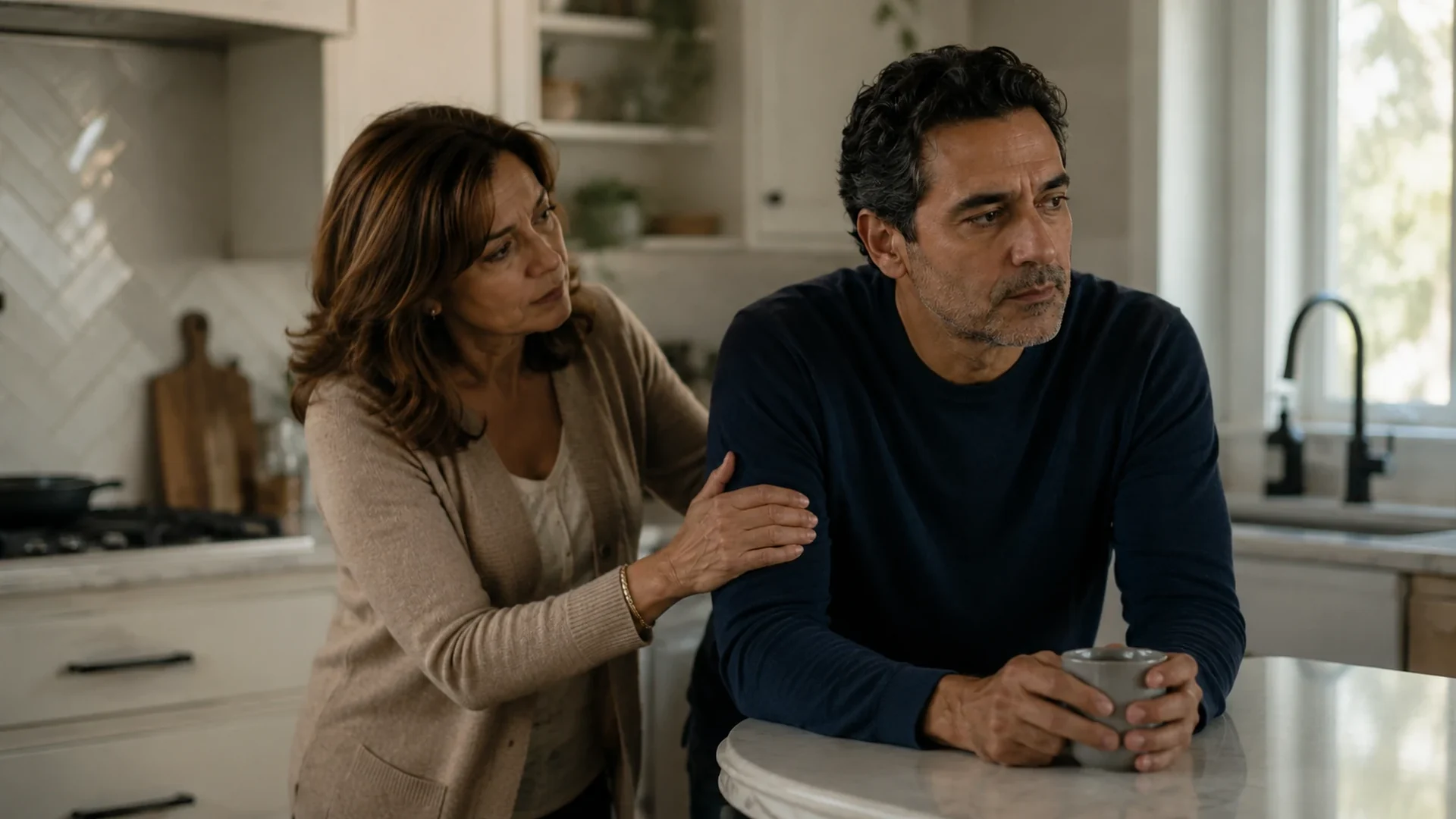 A woman gently approaching her husband who tends to deflect