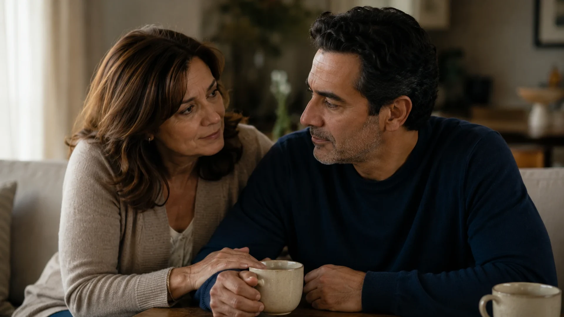 A husband and wife reconnecting over a small shared moment