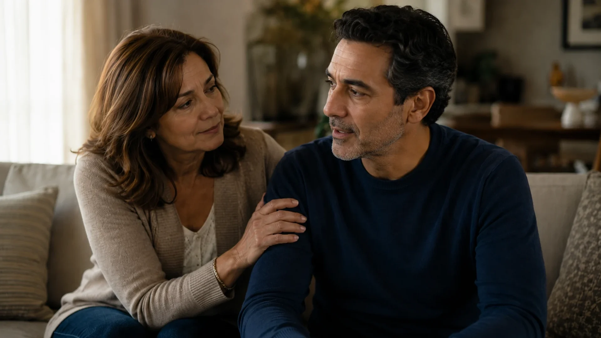 A couple sitting close, the husband beginning to soften and speak
