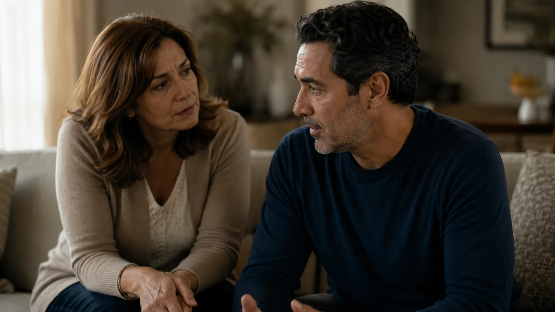 A couple in a serious, tender conversation at home