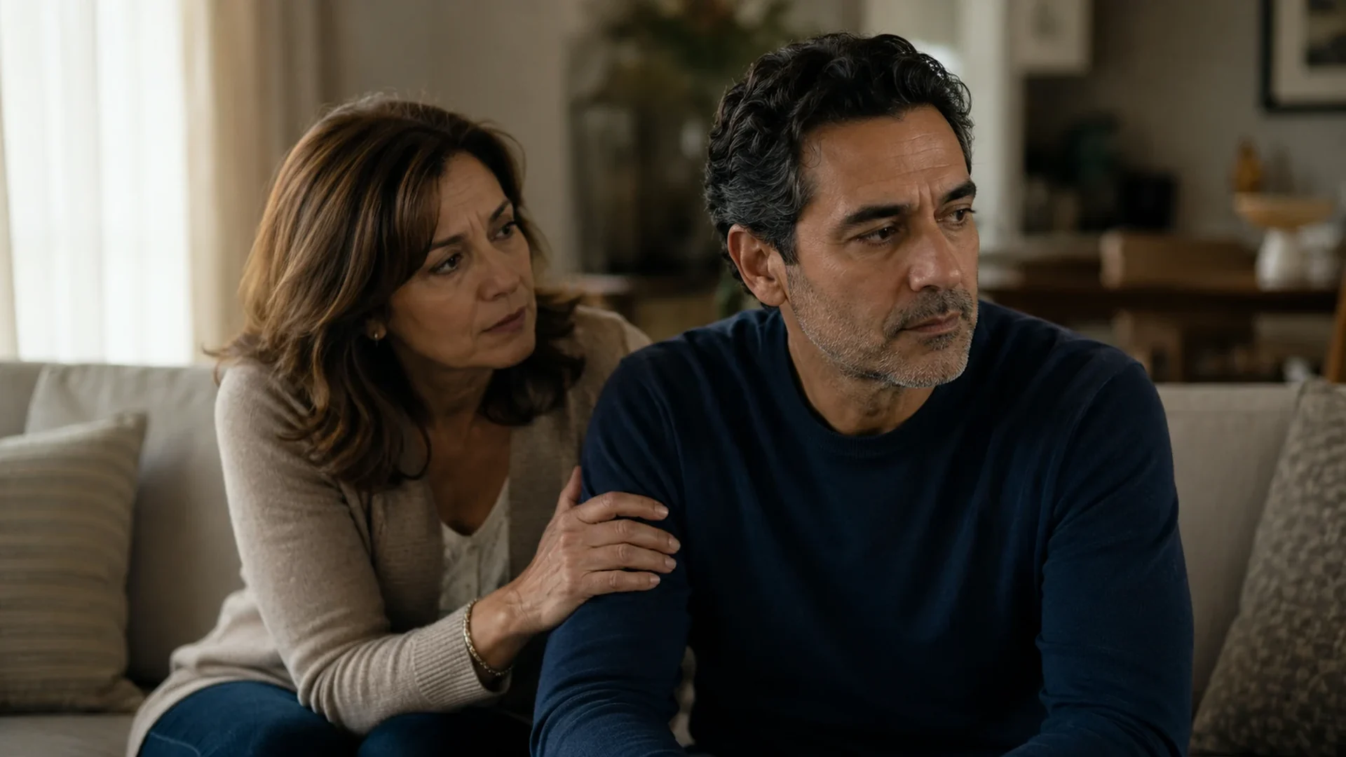 A woman sitting near her husband who is turned away, a quiet distance between them