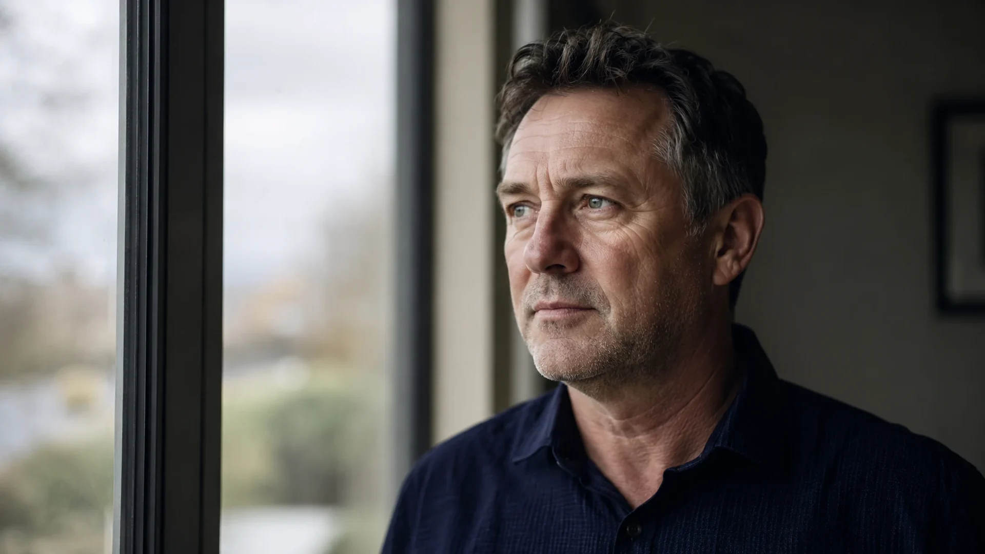 A man in his fifties pausing at a turning point in soft light