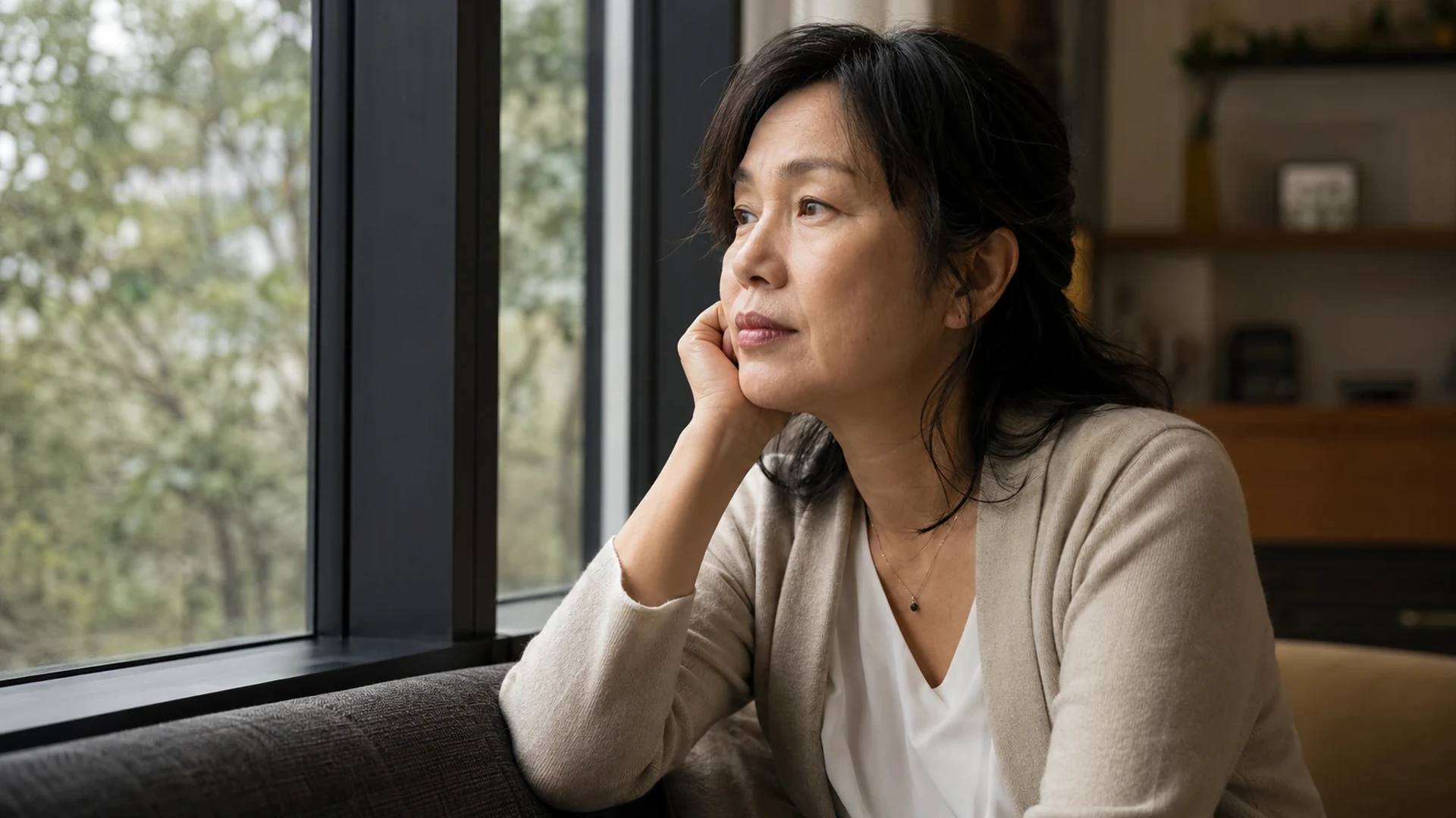 A person looking out a window weighing a quiet decision