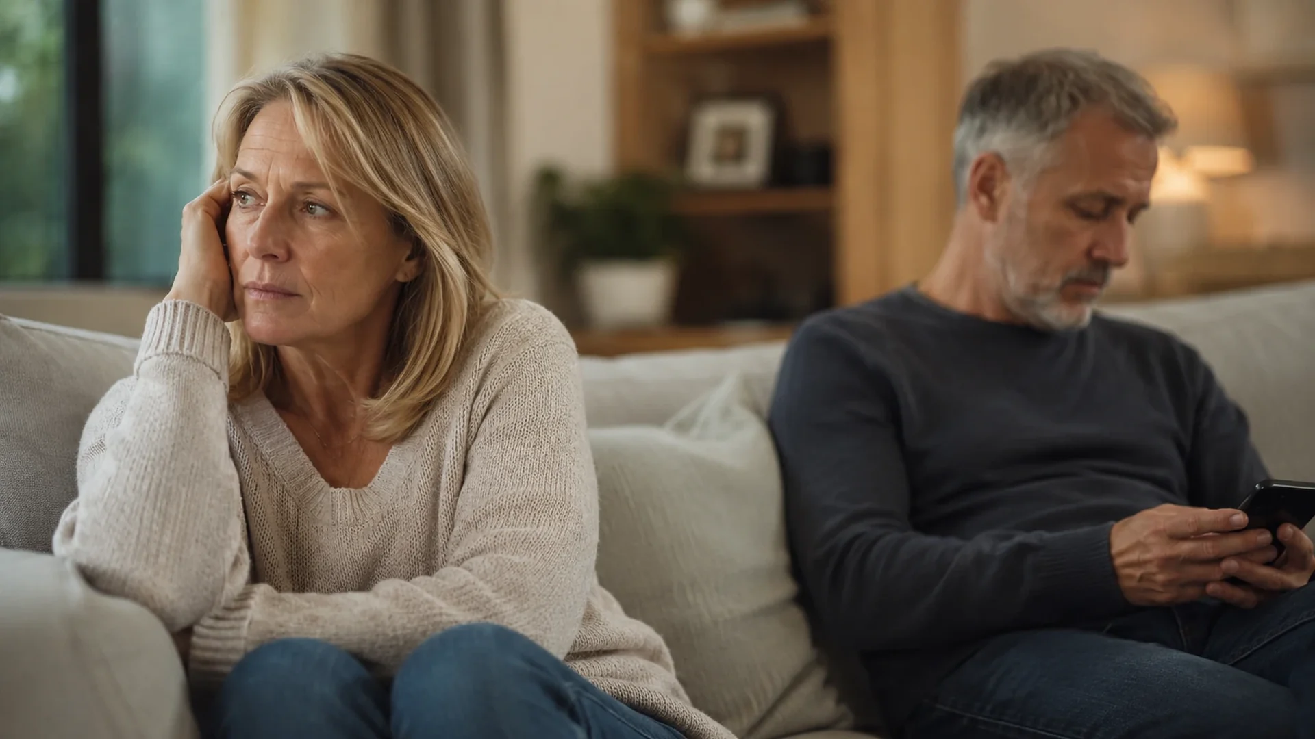 A person sitting alone on a sofa while their partner is nearby