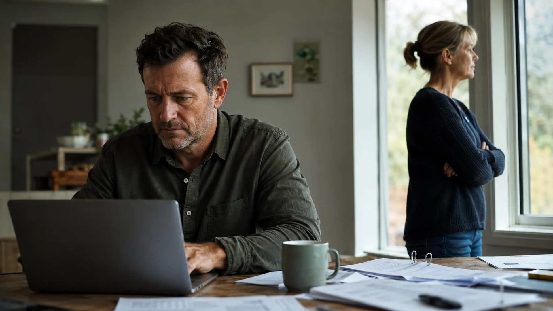 A successful-looking couple standing apart at their own business event, not speaking to each other
