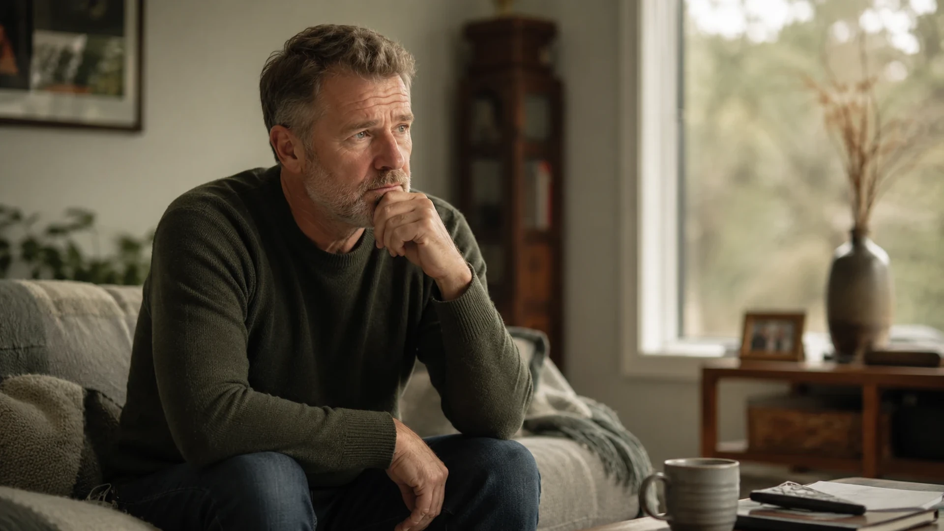 A person sitting alone weighing a serious decision