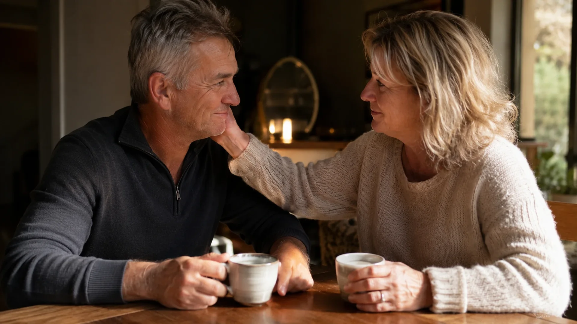 Couple sitting together at a table, something shifting between them