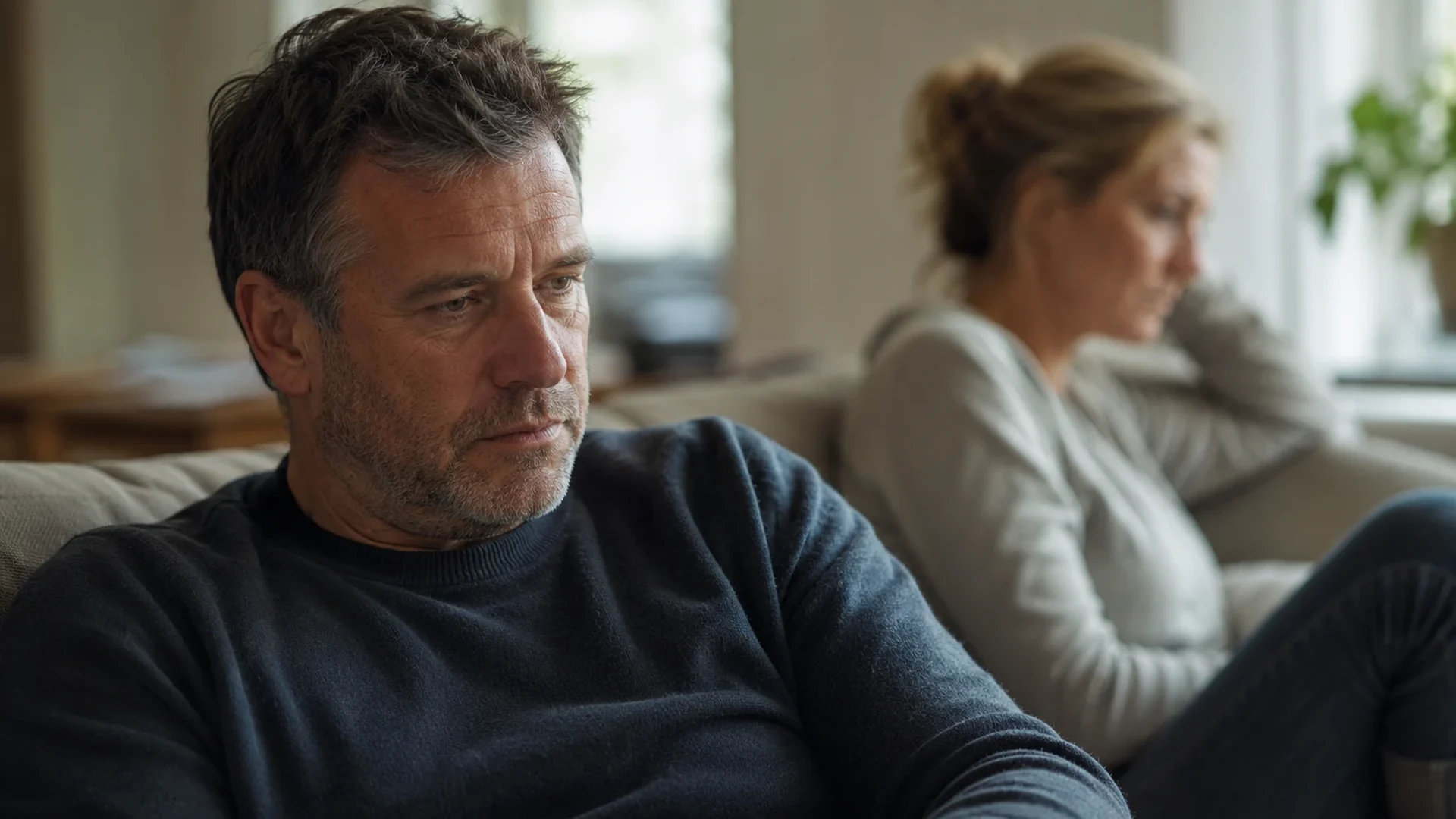 A man sitting beside his partner, present but feeling far away