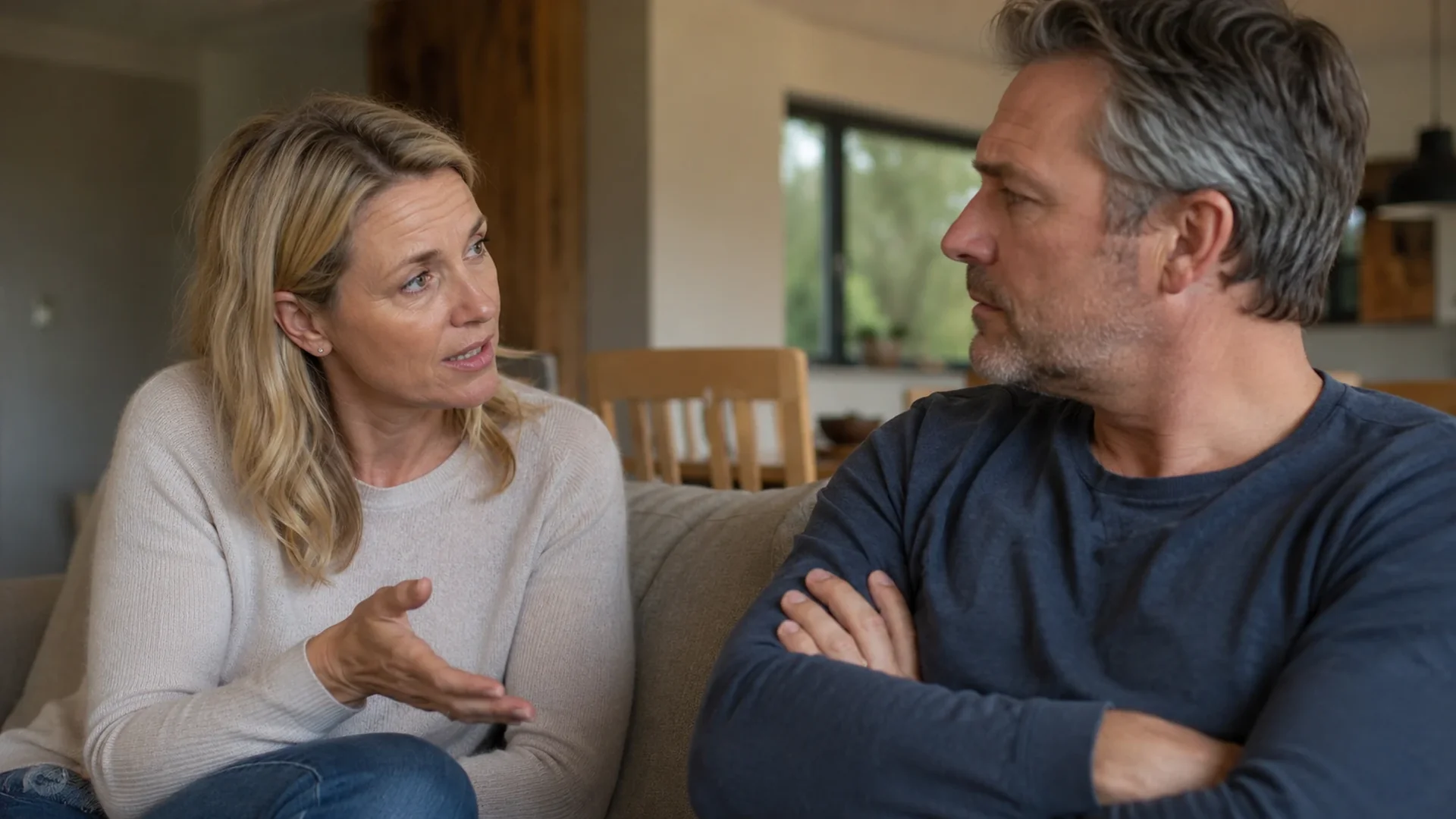 Couple in conversation, one person looking defensive, arms crossed