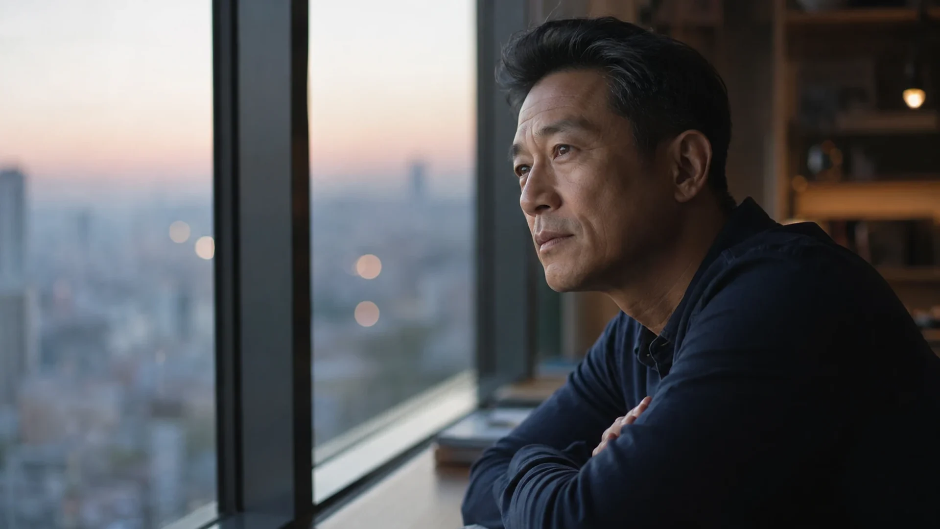 A man in his forties deep in thought at a window in evening light