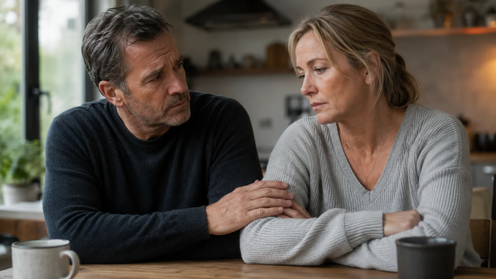 A couple sitting together in difficult conversation, one listening closely