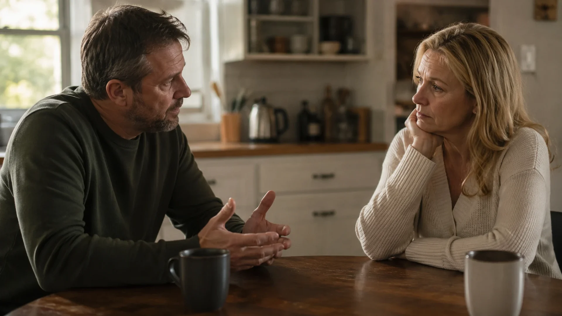A couple talking openly across a table, one listening closely