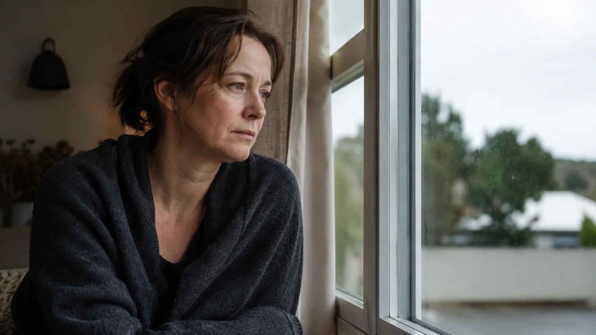 Woman sitting by a window, looking tired and distant