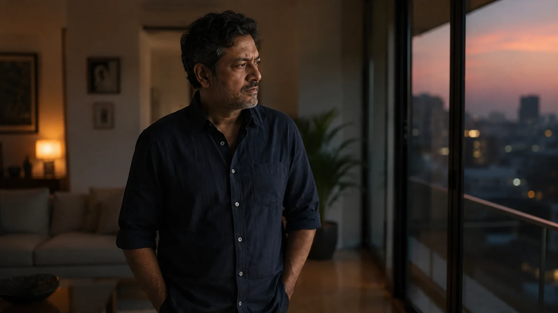 A man unable to settle, pacing a comfortable room at dusk