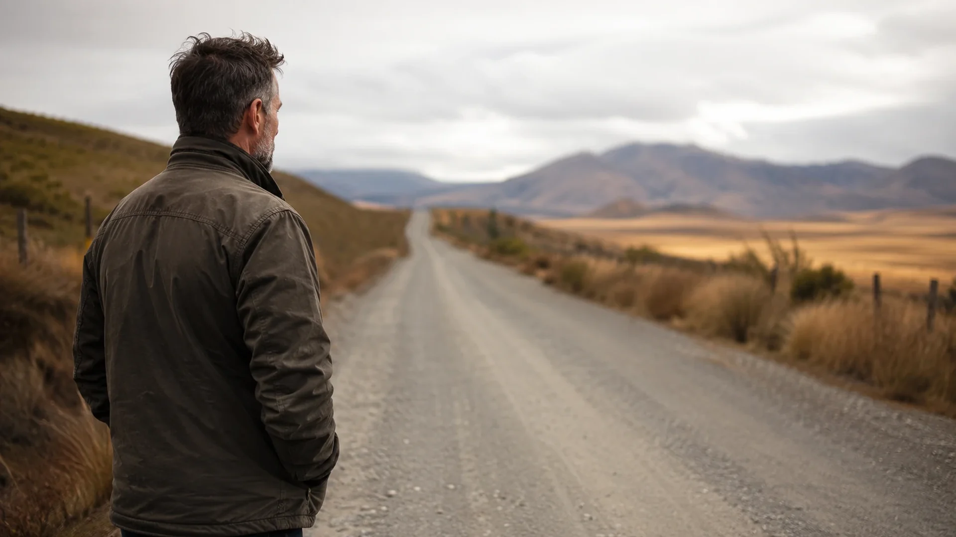 A man looking down an open road, tempted to keep walking