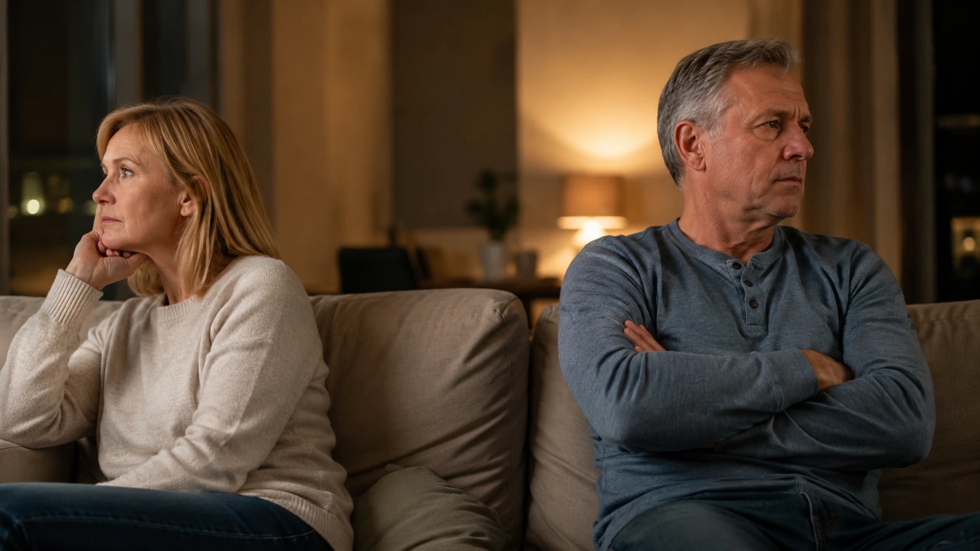 A couple sitting apart on a sofa in the evening light