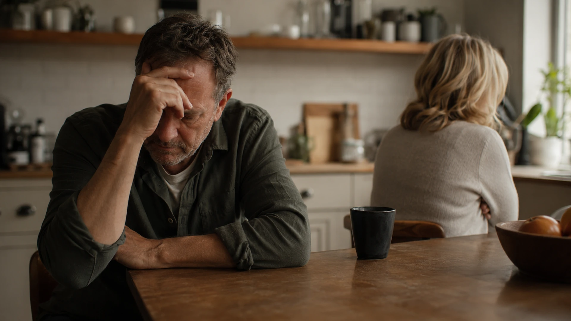 A couple at a kitchen table, one turned away mid-argument