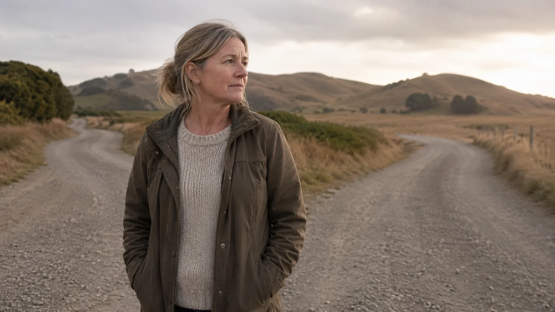 A person at a fork in the road in soft light