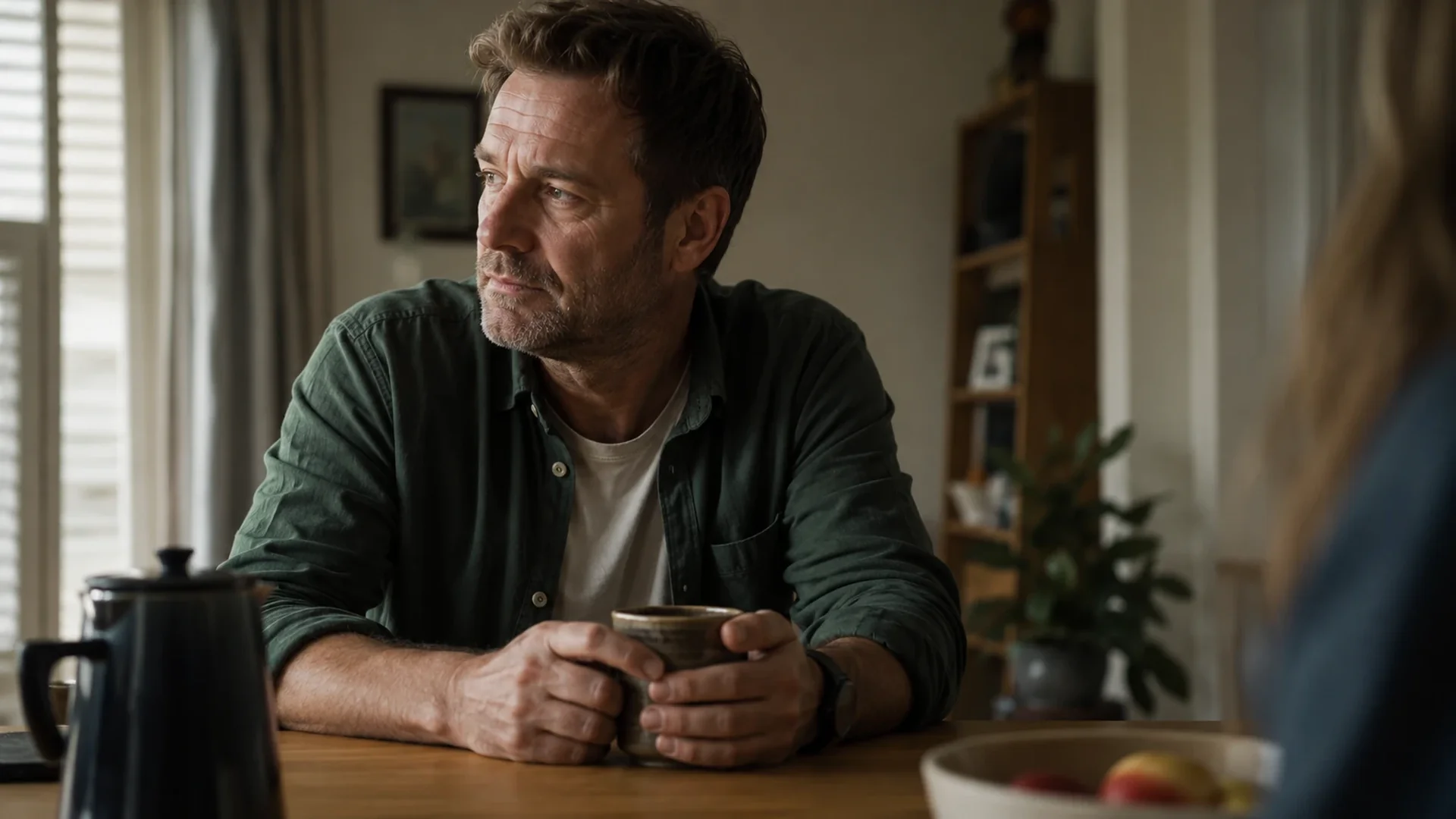 Man at a table, present but somewhere else, a familiar distance