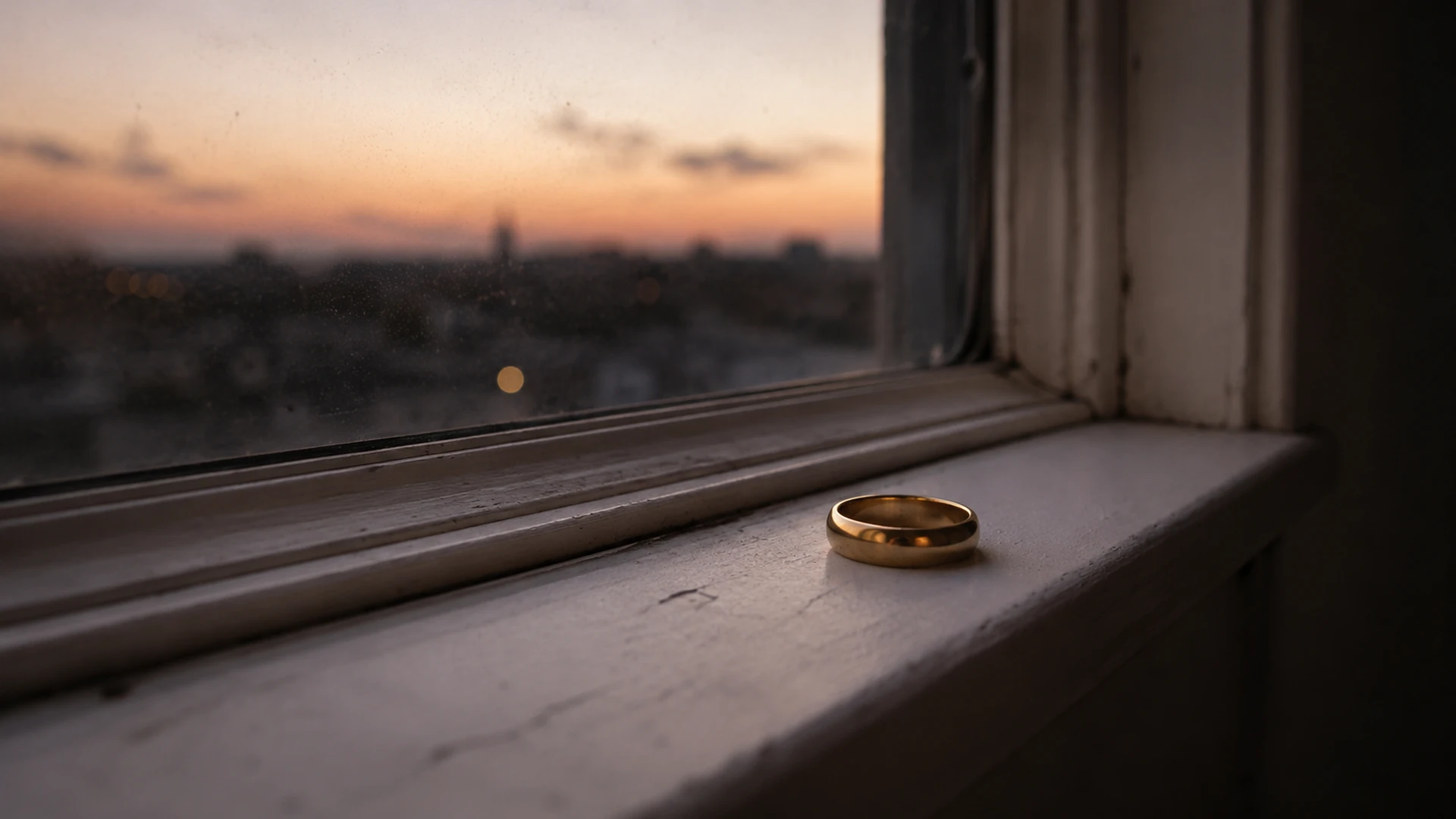 A wedding ring resting on a windowsill at dusk