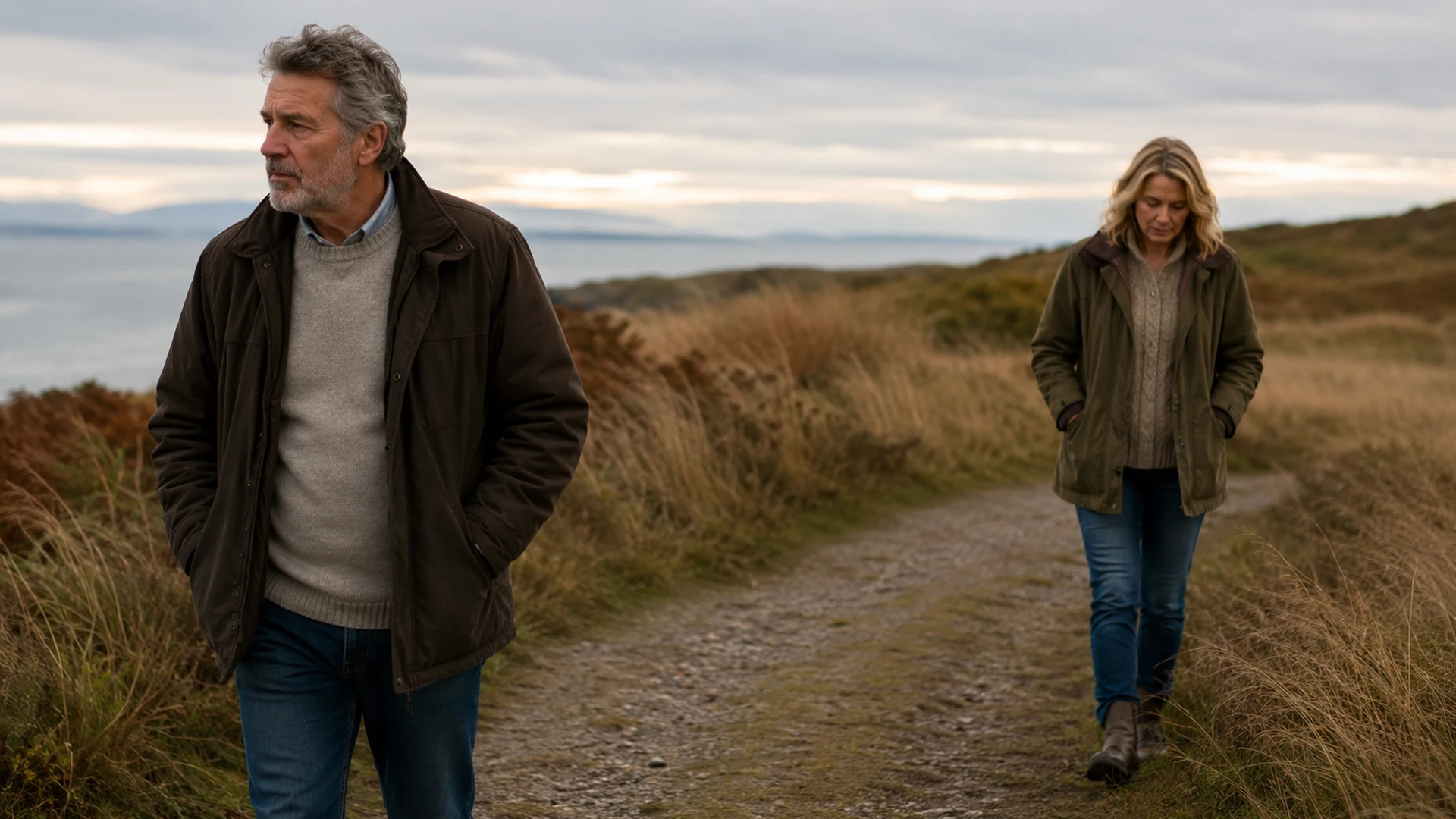 A couple walking apart on a path through long grass