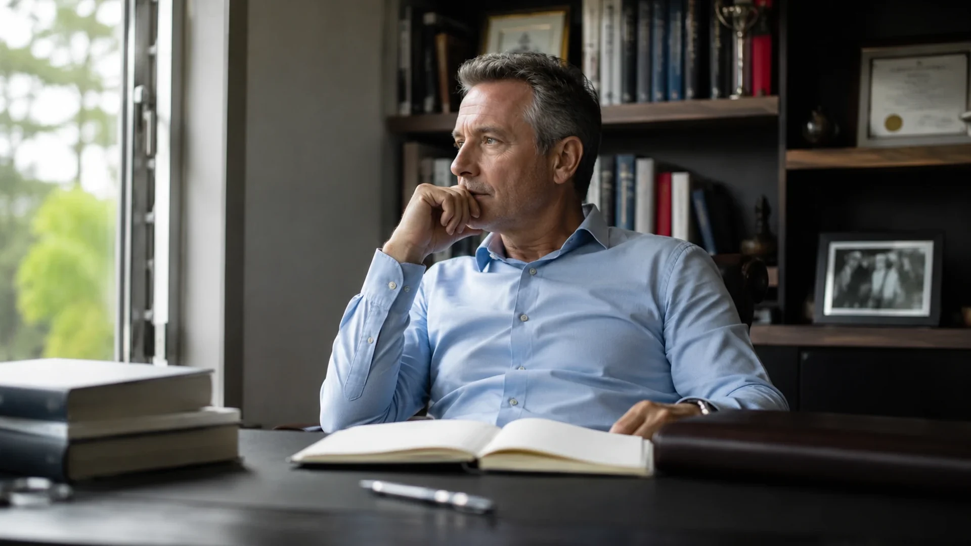 A successful man alone in a room full of signs of achievement