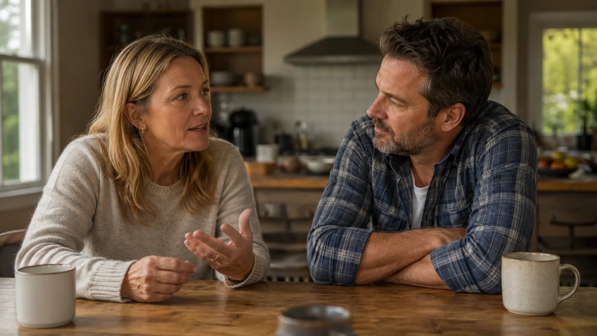 Husband listening attentively to wife across a kitchen table