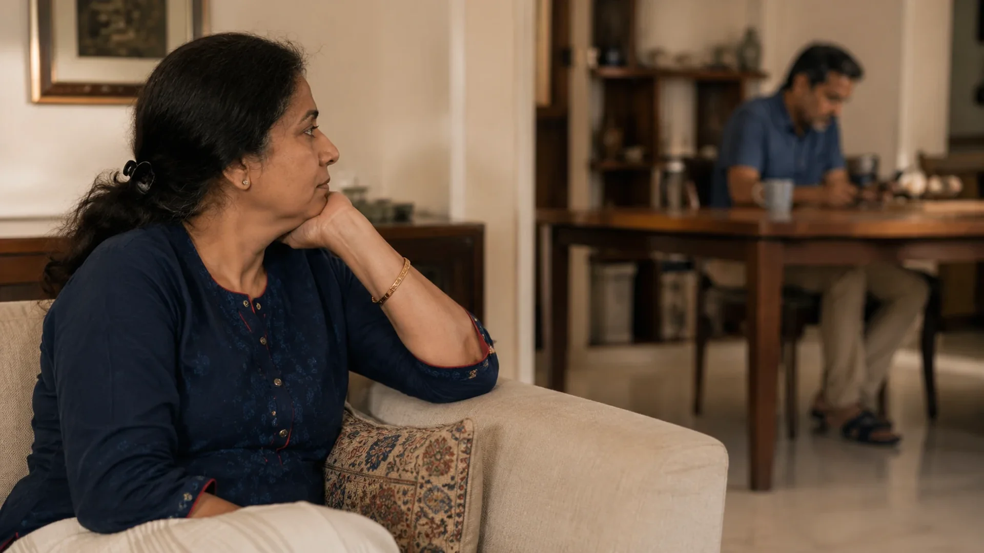 Woman sitting alone, partner in the background, emotional distance