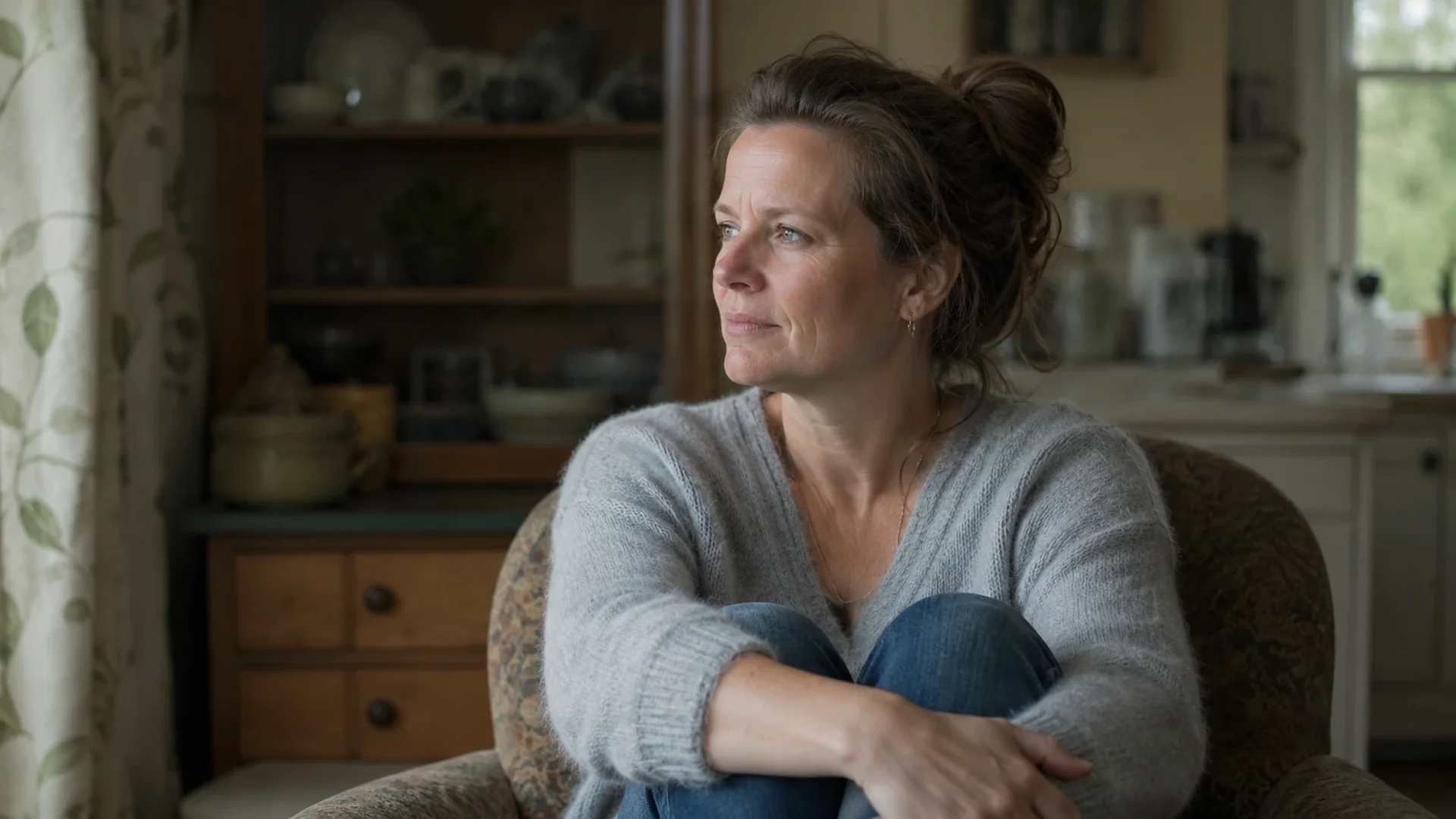Woman sitting quietly, looking thoughtful, something unsaid in the room