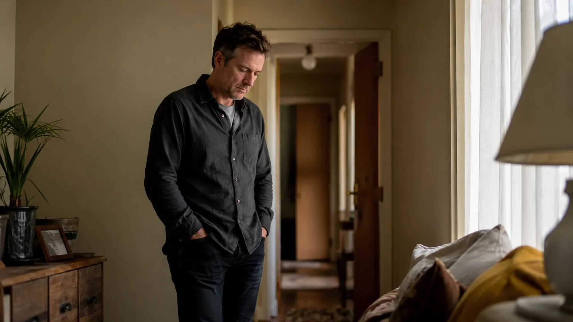 Person at home looking cautious, household tension visible